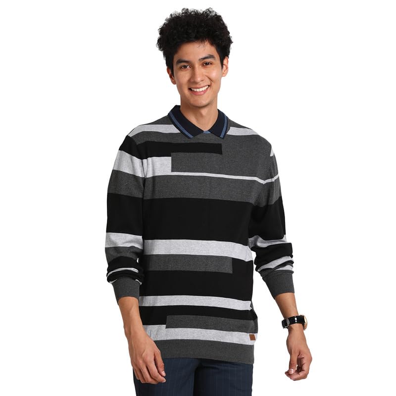 Turtle Men Knitted Charcoal Melange Dobby Regular Fit Full Sleeve Casual Pullover