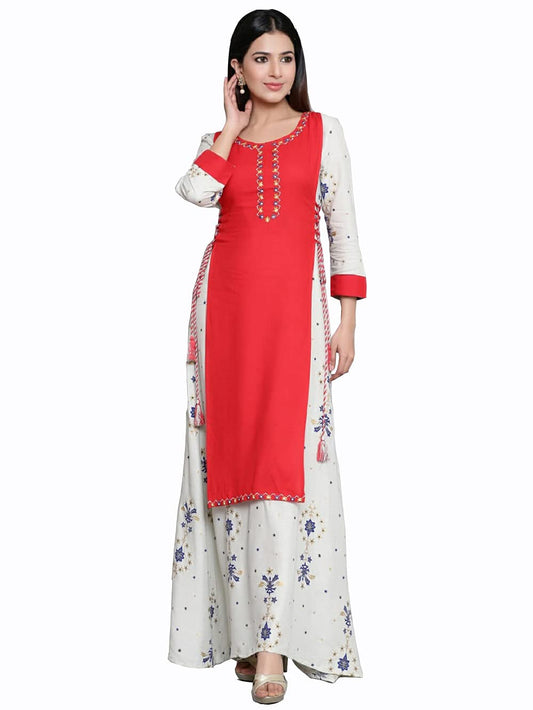 Stylum Women's Embroidered Rayon Flared Kurta (Beige)