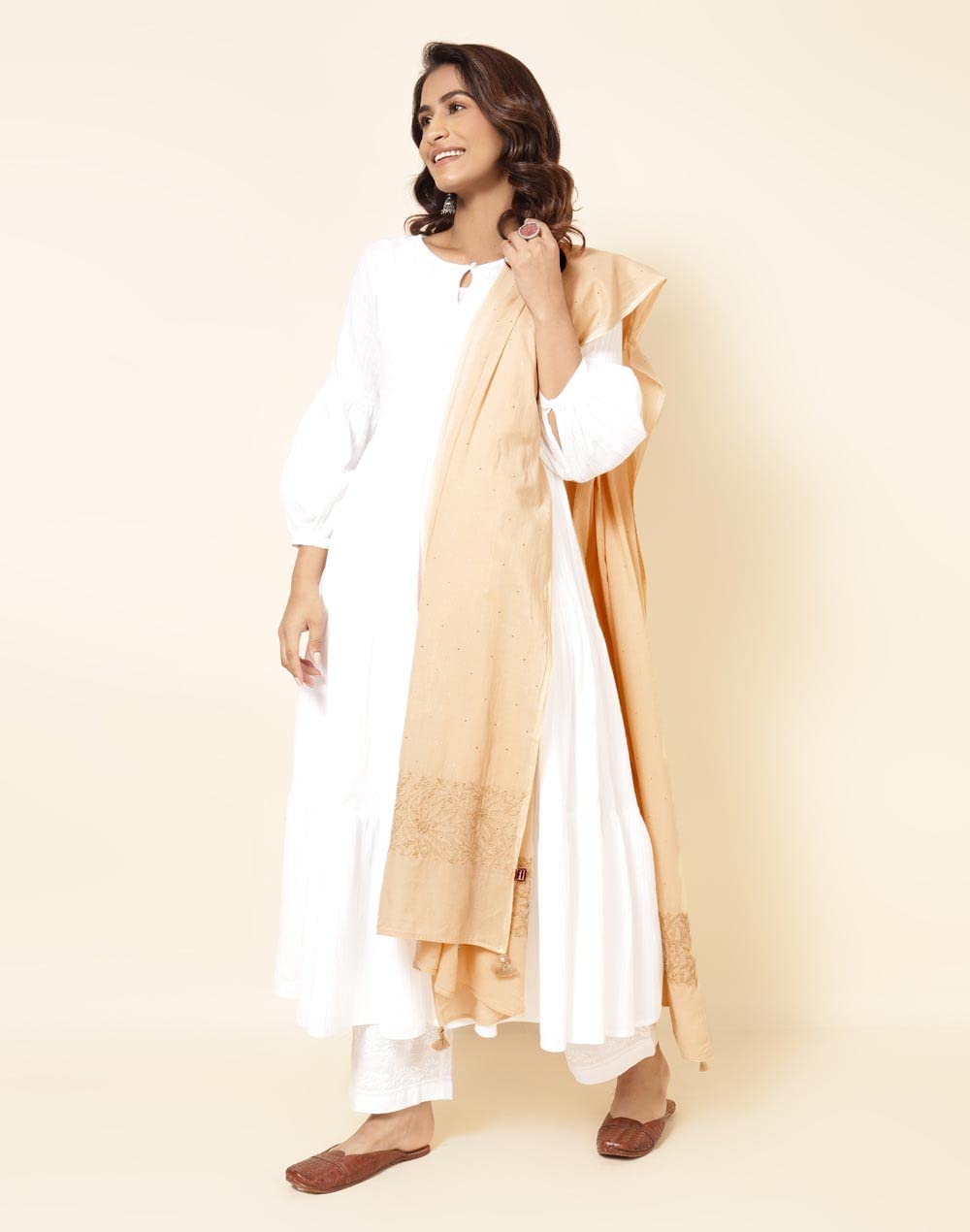 Fabindia Beige Cotton Embroidered Dupatta | Free Size | Regular Length | Spring | 2.5m x 92cm (L x W)