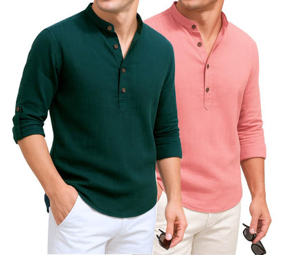 Deelmo Combo Of MenS Cotton Blend Solid Regular Fit Full Sleeve Short Kurta | MenS Trendy Short Kurta Pack Of 2