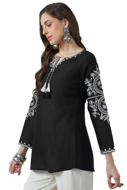 Soch Womens Black Rayon Embroidered Tunic with Tassels