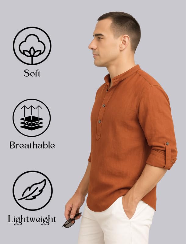 Deelmo MenS Cotton Blend Solid Regular Fit Full Sleeve Short Kurta | MenS Trendy Short Kurta Dark Orange