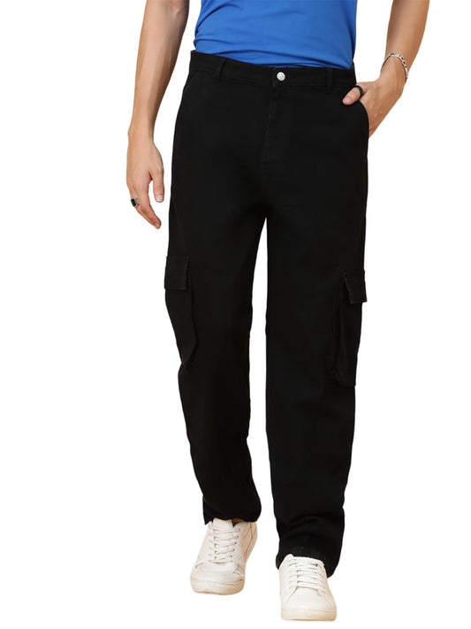 Kotty MenS Solid Mid Rise Straight Fit Stylish Looking Cargo Jeans(Black,28)
