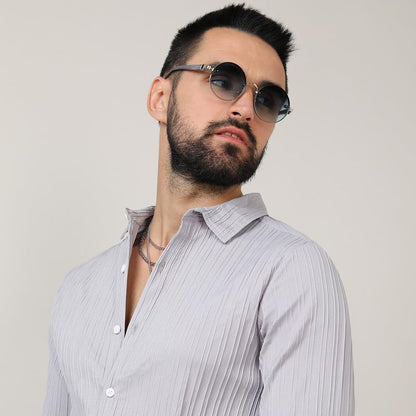 Campus Sutra Mens Moon Grey Self-Design Striped Shirt for Casual Wear | Spread Collar | Long Sleeve | Button Closure | Shirt Cr