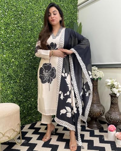 ANNI DESIGNER Women's Cotton Blend Straight Printed Kurta with Pant & Dupatta (REEKA CREAM-NW_XL_Cream_X-Large)