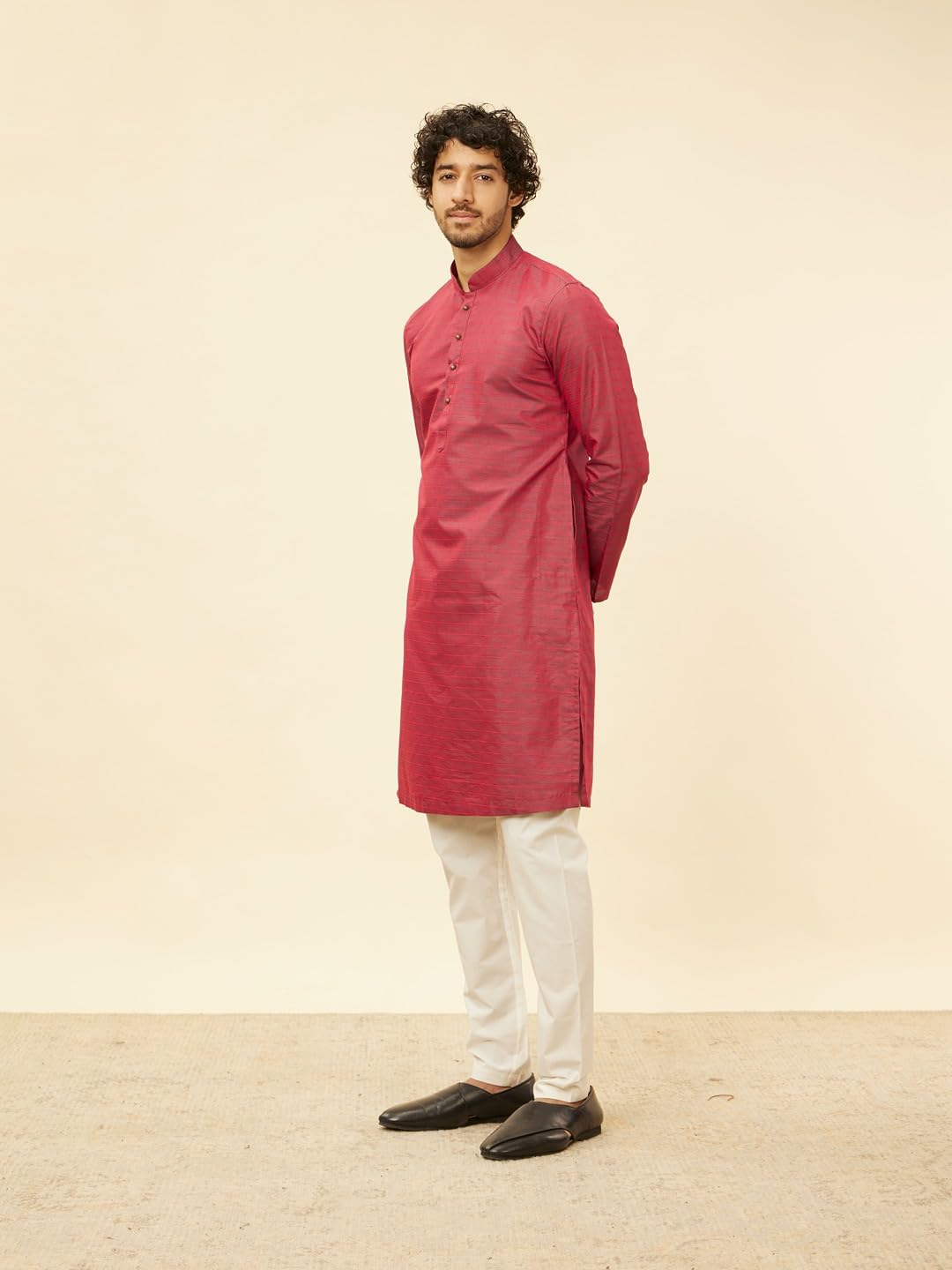 Manyavar MenS Maroon Blended Cotton Self Design Kurta Pyjama Set