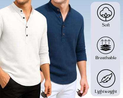 Deelmo Combo Of MenS Cotton Blend Solid Regular Fit Full Sleeve Short Kurta | MenS Trendy Short Kurta Pack Of 2 White - Navy