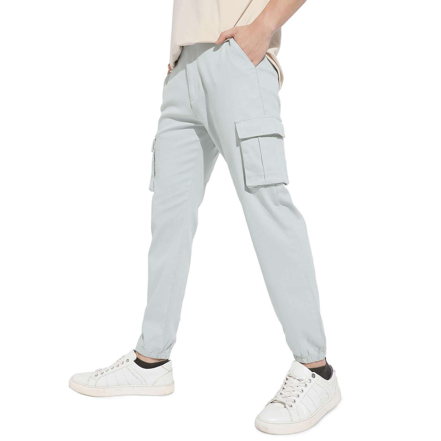 Campus Sutra Mens Sage Green Cuffed Hem Cargo Trousers for Casual Wear | 6 Pockets | Regular Fit | Button Closure | Cotton Poly