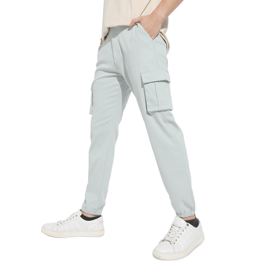 Campus Sutra Mens Sage Green Cuffed Hem Cargo Trousers for Casual Wear | 6 Pockets | Regular Fit | Button Closure | Cotton Poly