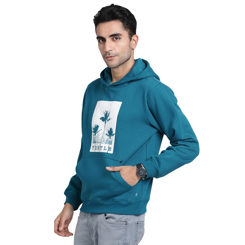 Turtle Men Knitted Teal Blue Printed Casual Sweatshirts