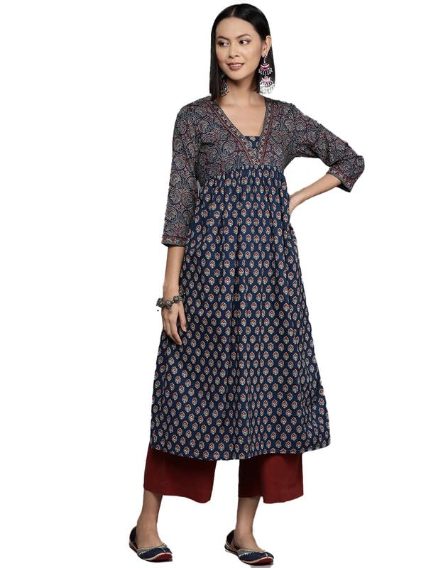 Varanga WomenS Blue & Maroon Bandez Printed Anarkali Kurta  Elegant Long Sleeve Traditional Dress, Indian Ethnic Wear For Women,