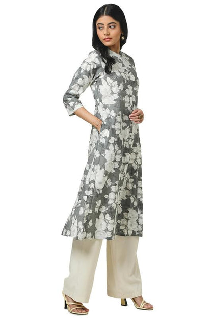 Soch Womens Grey Muslin Floral Print Kurta