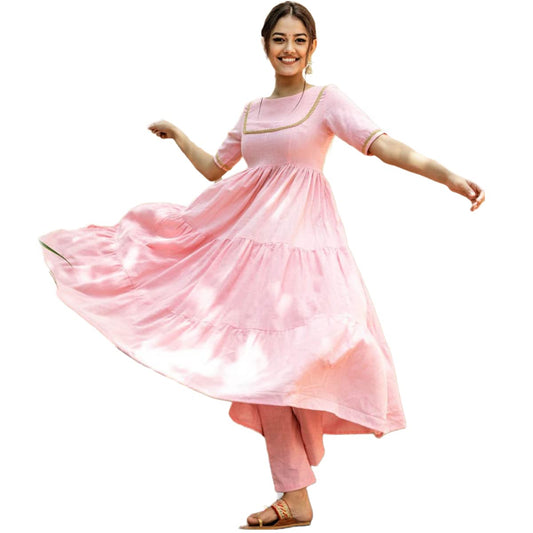 GoSriKi Women's Cotton Anarkali Solid Kurta with Pant (Gulabo Nw-GO)