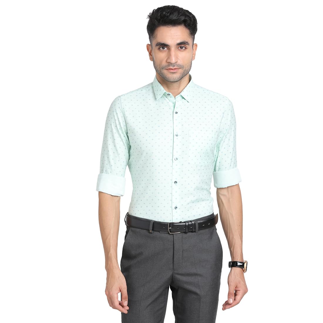 Turtle Men Cotton Melange Slim Fit Mint Green Printed Full Sleeve Formal Shirt