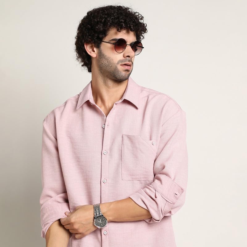 Campus Sutra Mens Rose Pink Modular Solid Oversized Shirt for Casual Wear | Spread Collar | Long Cuffed Sleeves | Button Closur