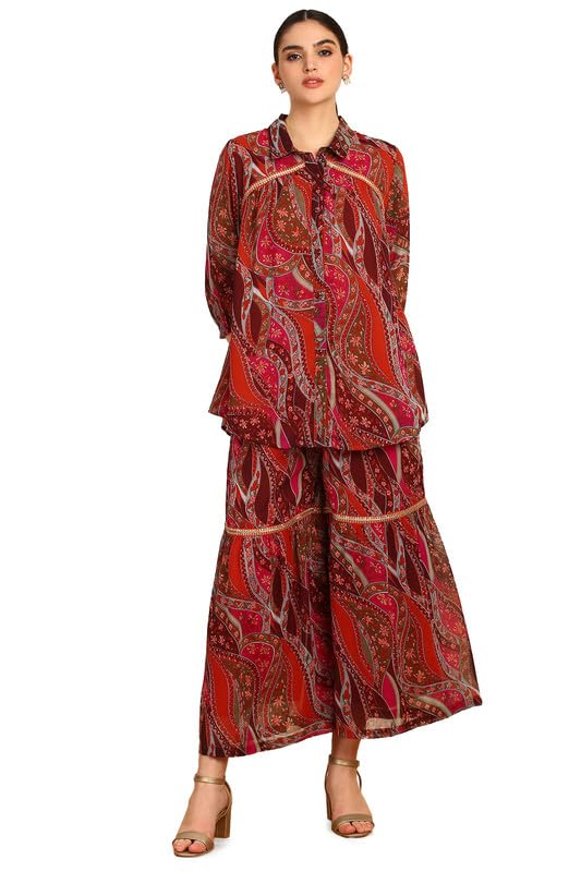 Soch Womens Fuchsia Floral Print Georgette Blend Co-Ord Set With Sequins