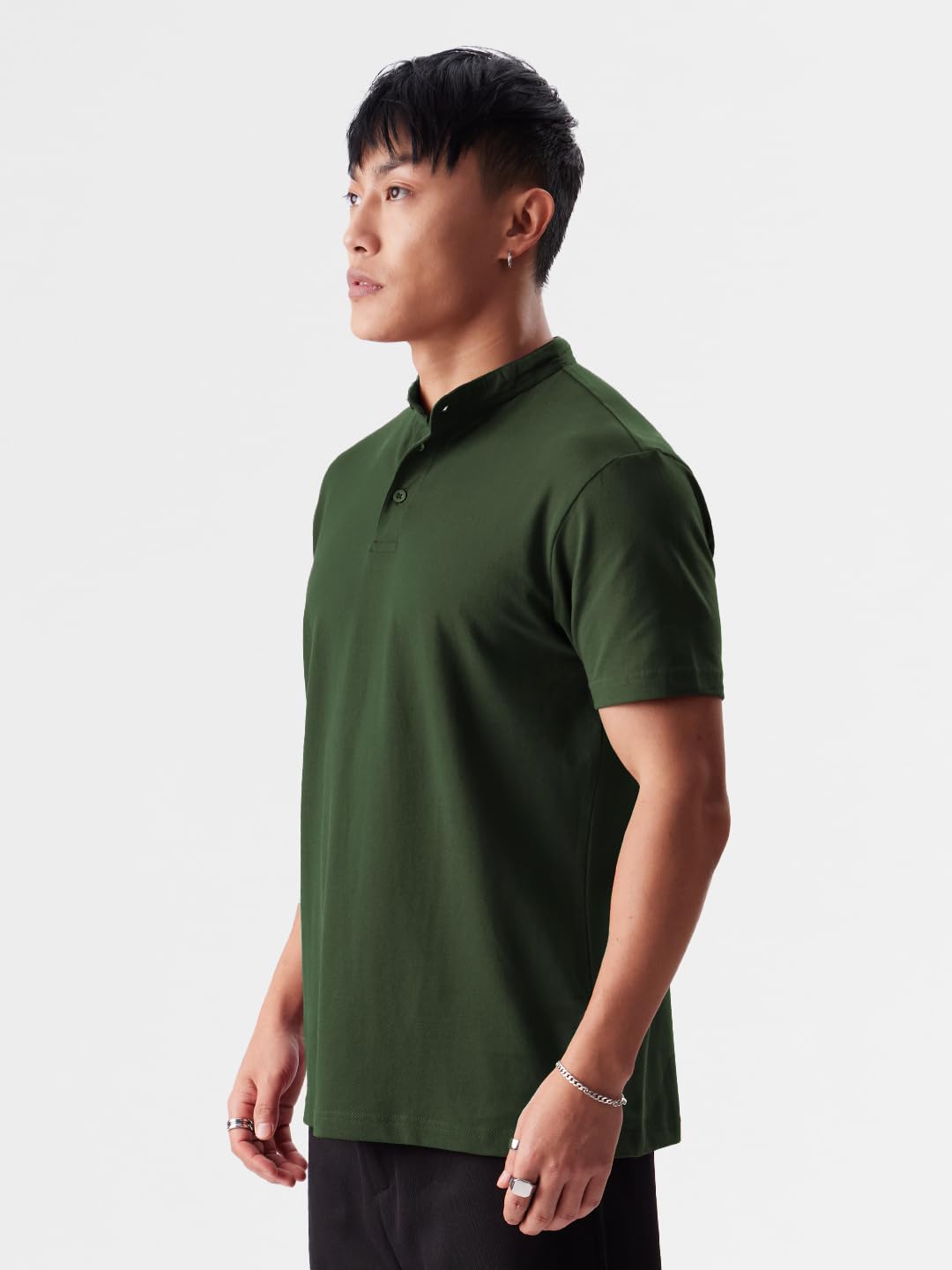 The Souled Store Solids: Dark Olive Mens & Boys Regular Fit Solid Half Sleeve Cotton Green Mandarin Polos Mens Polos Graphic te
