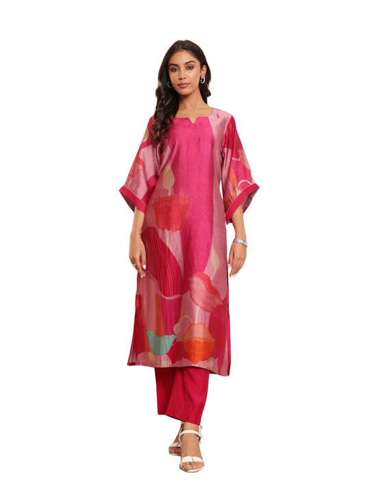 Varanga Women Fuchsia Pink Abstract Printed Straight Kurta With Trousers  Stylish Ethnic Set