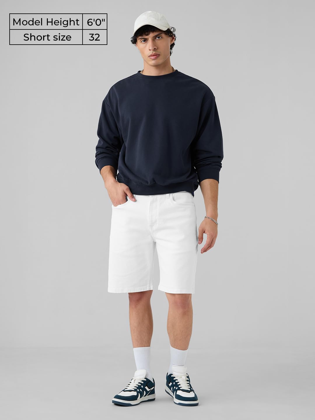 The Souled Store Denim Shorts: Ivory White Men and Boys Buttoned Solid Knee Length Cotton Blend Denim Shorts