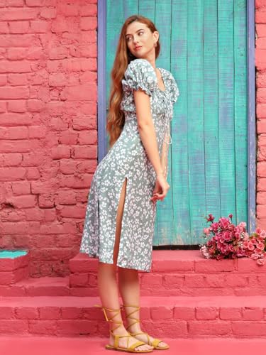 Greciilooks Western Dress For Women| Rayon Flower Design| Square Neck & Leg Split Dress| Short Balloon Sleeves Dress For Girls|