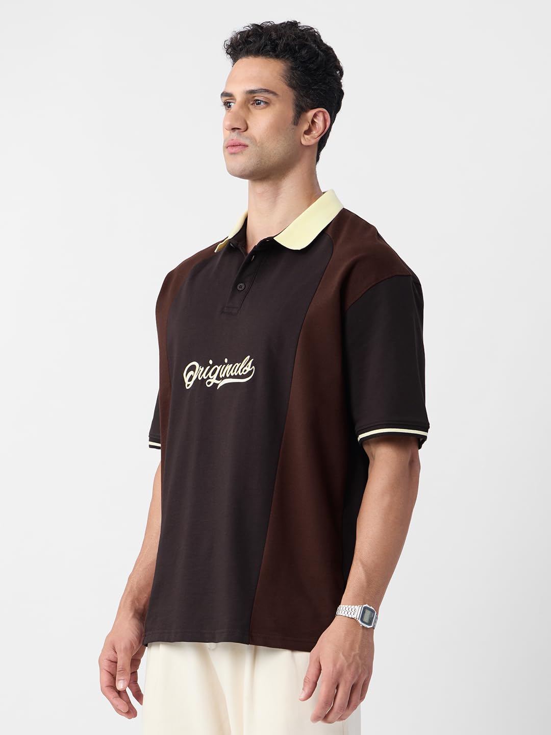 The Souled Store Originals: Dark Brown Men and Boys Short Sleeves Polo Collar Cream Colour Block Cotton Oversized T-Shirts
