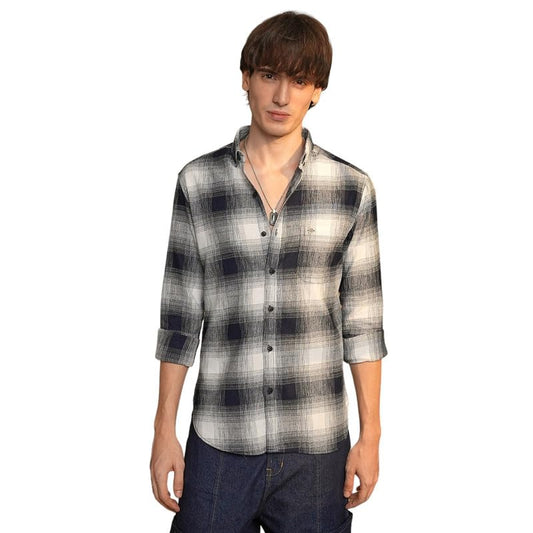 Campus Sutra MenS Charcoal Black & Ivory White Ombre Buffalo Check Shirt | Casual Wear | Spread Collar | Long Sleeve | Button C