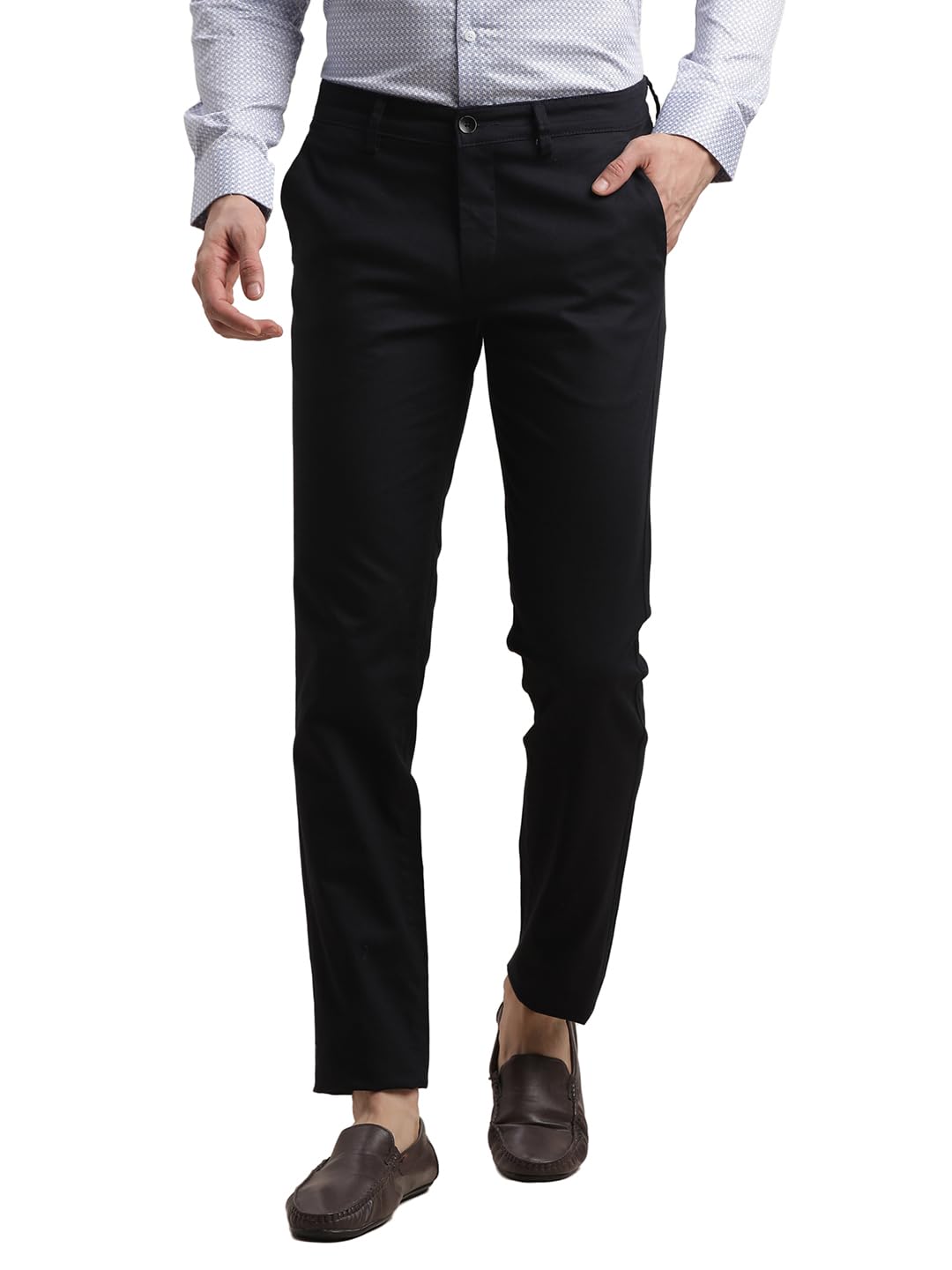 Turtle Men Cotton Stretch Ultra Slim Fit Navy Solid Casual Trouser