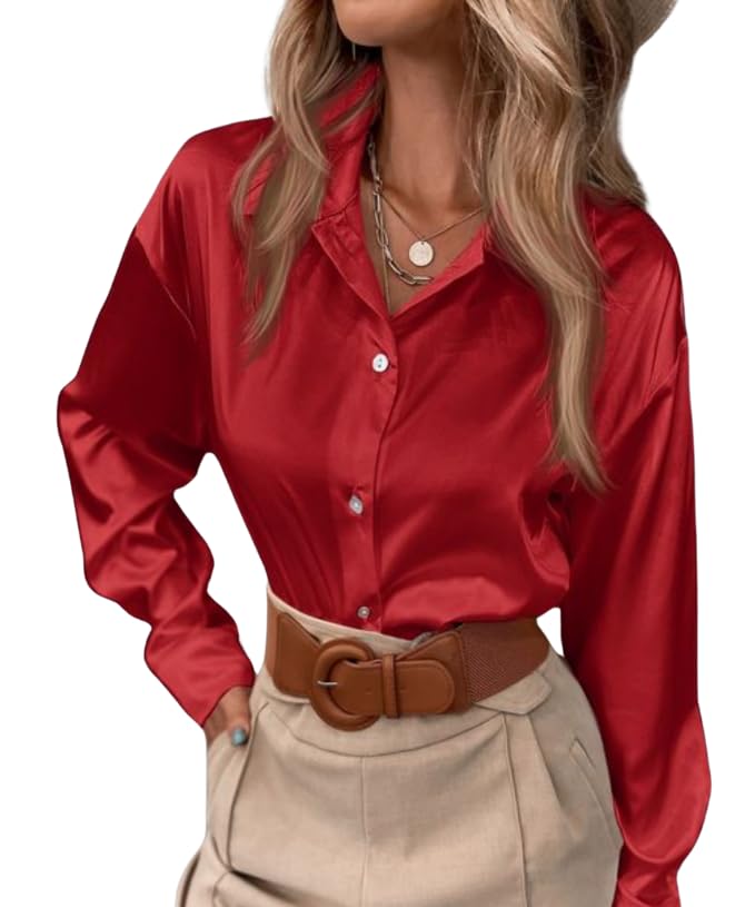 POPWINGS Women Polyester Solid Satin Shirt | Satin Shirts Stylish Western| Regular Fit and Full-Sleeves Casual and Semi-Formal S
