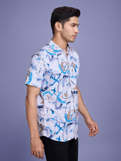Pinkmint Stylish Shirt for Men ll Printed Half Sleeve Shirts ll Regular Fit Chest Pocket Shirt Blue
