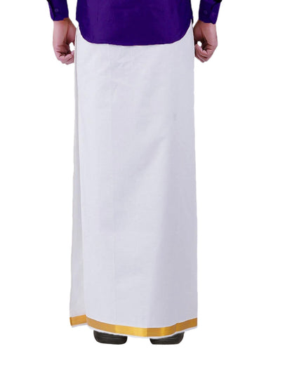 PRAKASAM COTTON White Colour-Gold Jari Border Welcro Pocket Stitched dhoti for mens/Size Hip -30 inches- Length- 42 inches