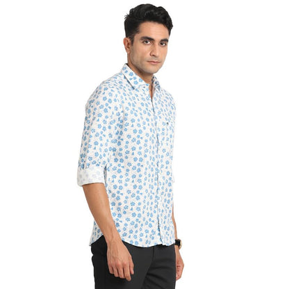 Turtle Men EXCEL Linen Blue Printed Slim Fit Full Sleeve Casual Shirt