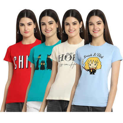 Preneum Womens Cotton Regular Fit Latest Graphic Stylish Printed Short Sleeves Casual T-Shirt || Trendy & Style (Pack 4), Red &