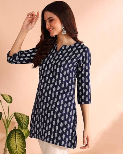 Pinkmint Womens Printed Cotton Blend Short Kurti l All Over Printed V-Cut Neckline Casual Wear Tunic Tops l Ethnic Tops for G
