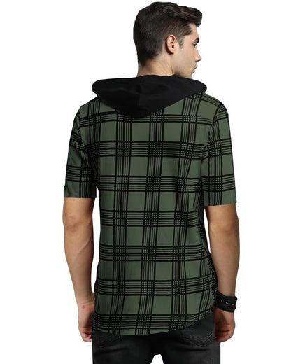 Eyebogler Mens Hooded Neck Checkered Half Sleeve Regular Fir T-Shirt