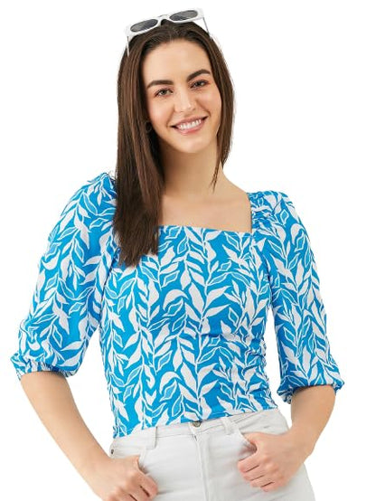 Modeve Women Regular Fit Blue Square Neck Top