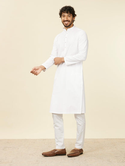 Manyavar White Cotton Embroidery|Jacquard Kurta Pyjama Set For Men