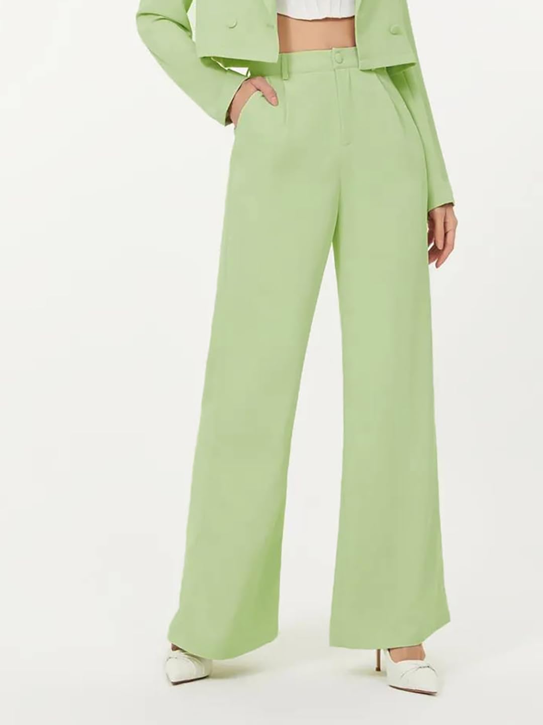 Kotty Womens High Rise Regular Fit Viscose Rayon Solid Trousers Light Green