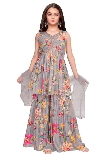 White Button New Grey Floral Print Alia Cut Peplum Top And Sharara Set For Girls