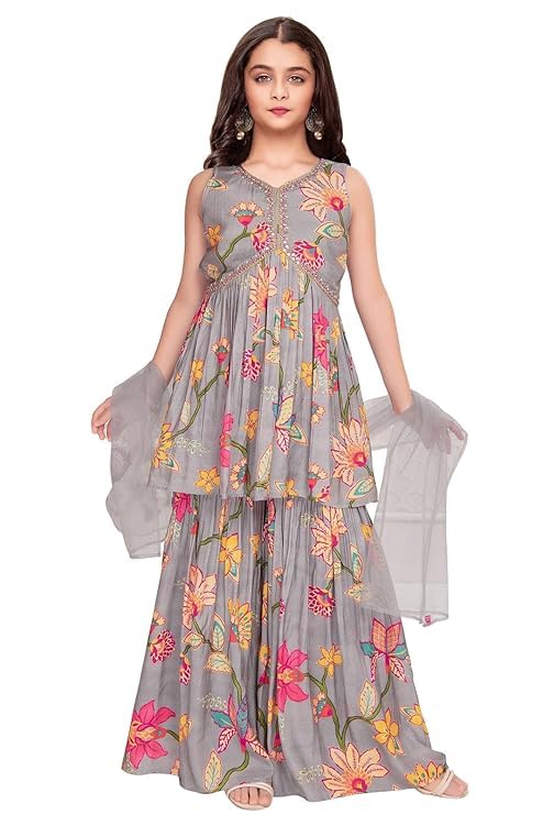 White Button New Grey Floral Print Alia Cut Peplum Top And Sharara Set For Girls