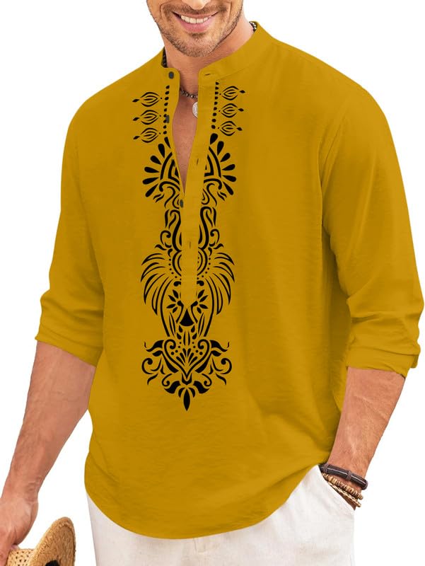 Finivo Fashion MenS Cotton Blend Short Kurta With Bold Printed Front Design | Full Sleeve Ethnic Casual Kurta With Mandarin Coll