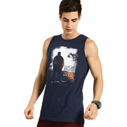 Bewakoof Men Make Tracks Graphic Print Blue Sleeveless Round Neck Vest