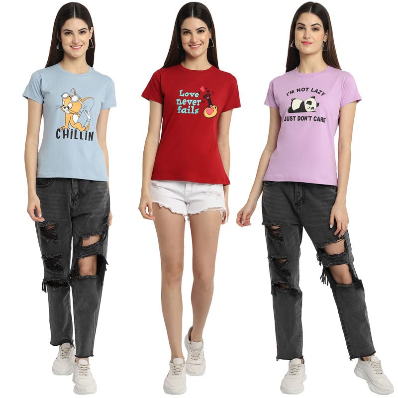 Preneum Womens Cotton Regular Fit Latest Graphic Stylish Printed Short Sleeves Casual T-Shirt || Latest Trendy & Style (Pack 3)