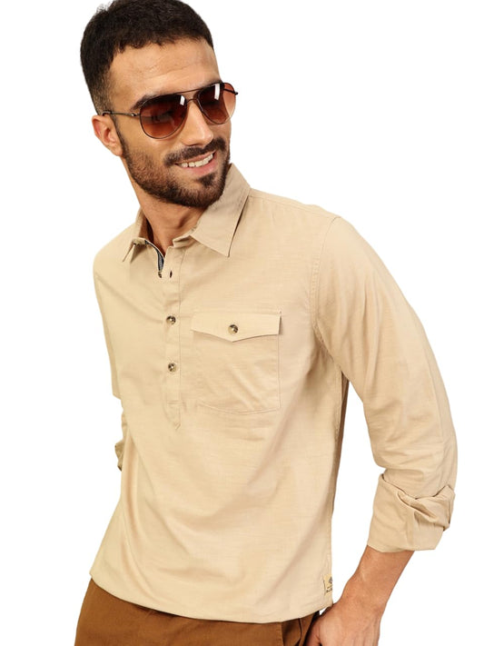 Thomas Scott Men Solid Cotton Linen Kurta Shirt (Ts1531_Beige, Xl)