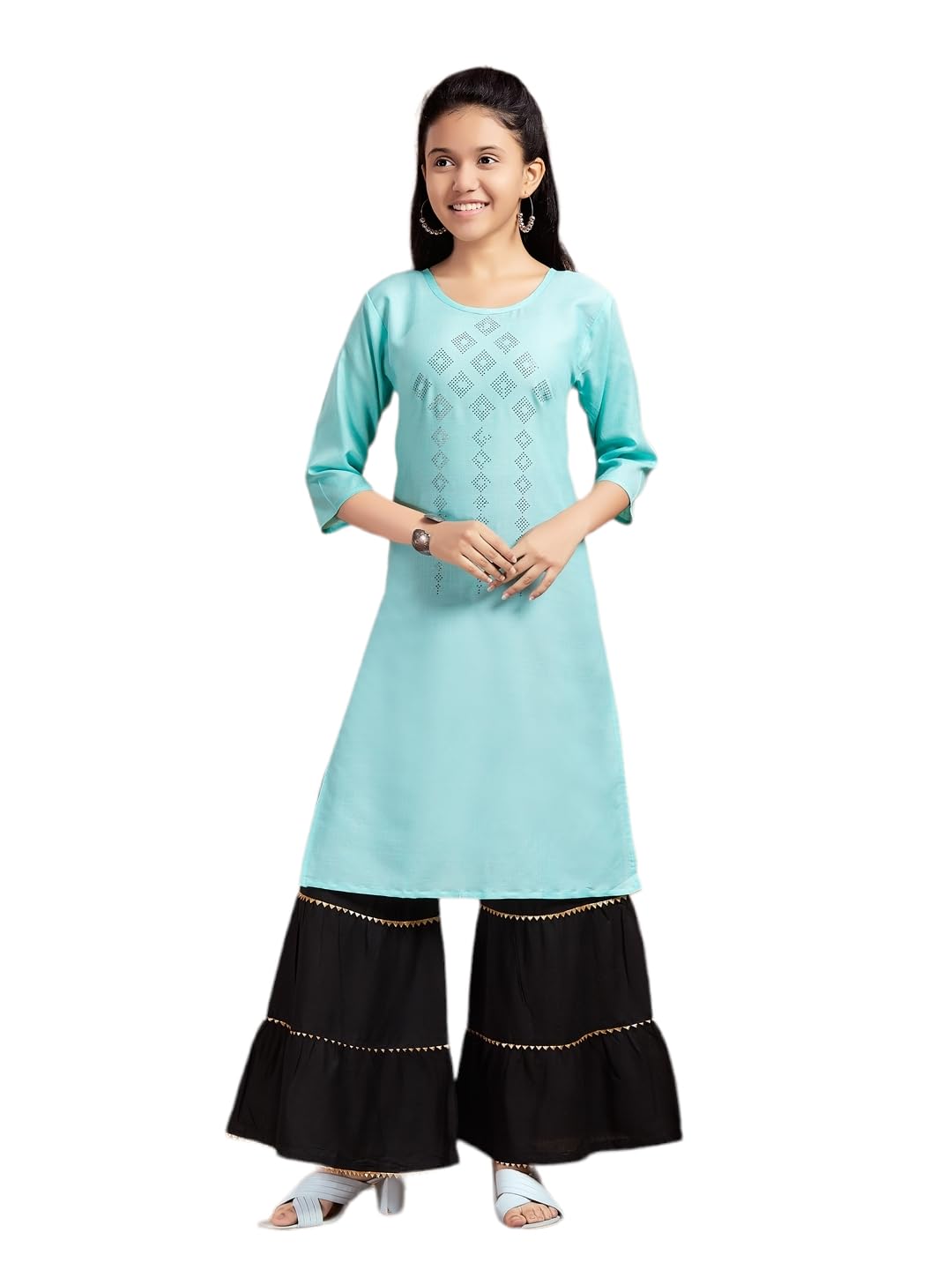 Aarika Girls Casual Wear Sea Green Colour Embellished Cotton Kurti (9-16 Years)