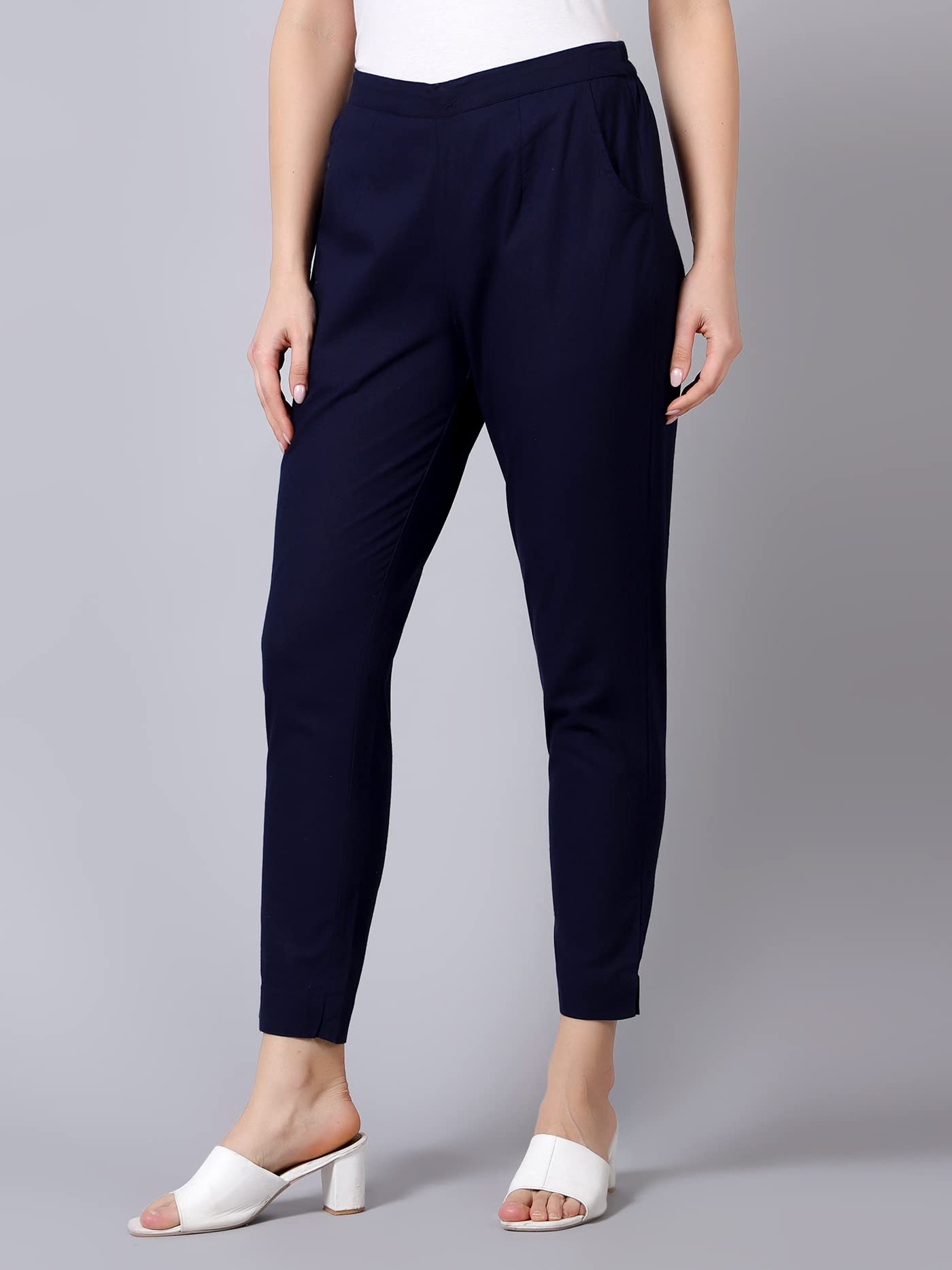 Idalia Navy Blue Solid Cotton Trouser For Women Formal Trousers With 2 Pocket Fusion Wear Trouser Pants For Ladies