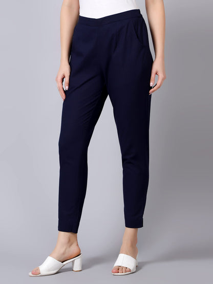 Idalia Navy Blue Solid Cotton Trouser For Women Formal Trousers With 2 Pocket Fusion Wear Trouser Pants For Ladies