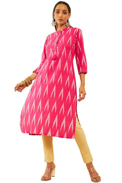 Soch Womens Pink Cotton Ikat Printed Straight Kurta With Sequins