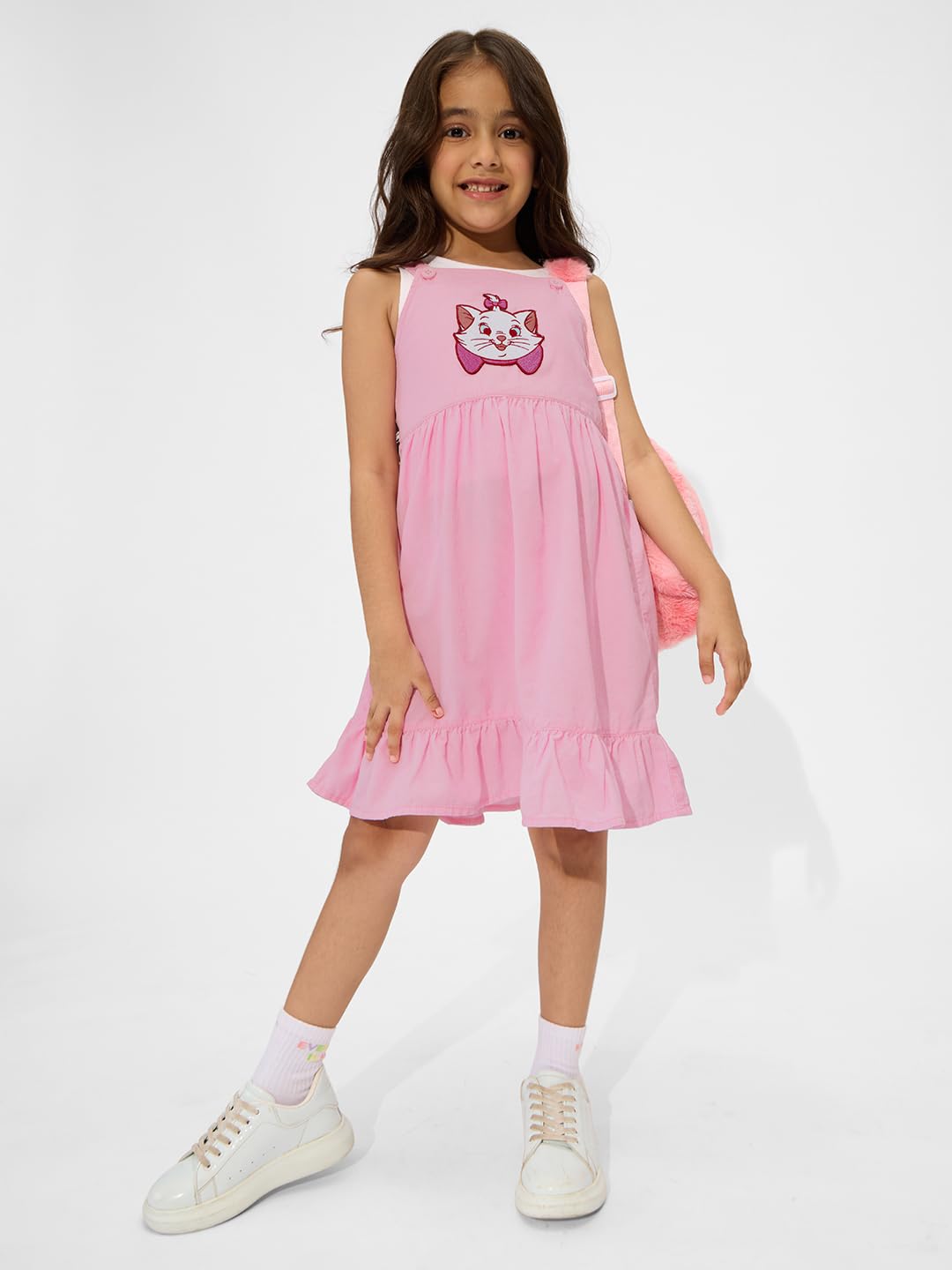 The Souled Store Official Disney: Cattitude Girls Square Neck Sleeveless Pink Embroidered Knee Length Cotton Dresses
