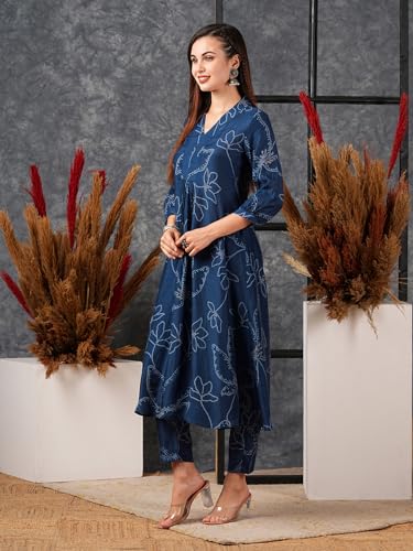 GoSriKi Ladies Rayon Blend Trapeze Kurta & Trousers, XL, Light Brown & Blue, Model Marup-GS