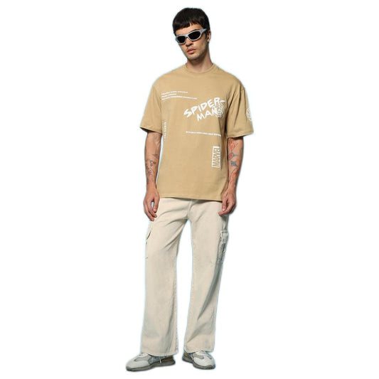 Bewakoof Mens Amazing Spiderman Graphic Print Cotton T-Shirt- Oversized Fit, Round Neck, Half Sleeves 580087_Brown_M